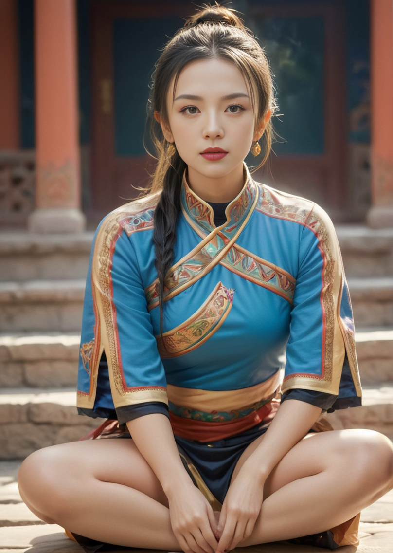 05184-4046097624-Psychedelic style side light,cinema grade lighting,a girl,_lora_zzy_SDXL_1__1_,zzy,black hair bun,in front of shaolin temple,len.png